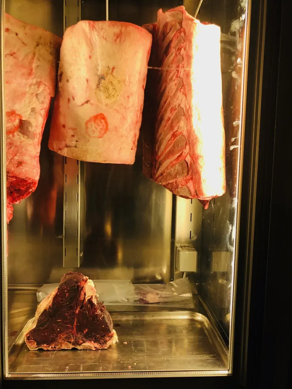 Chianina-Rind reift am Knochen im Reifeschrank bei Francucci